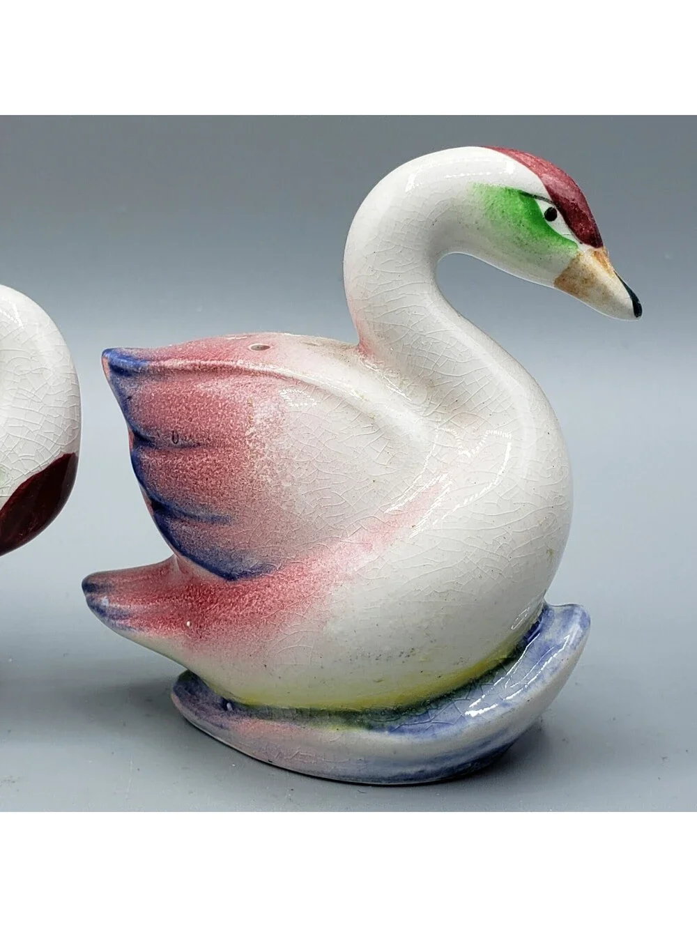 Vintage Japan Swan Salt and Pepper Shakers Ceramic Pink Blue White Birds